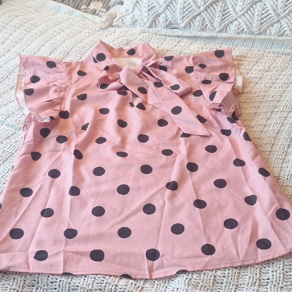 SHEIN Pink Beautiful Blouse w/ Black Polka Dot w/ Rufflel Sleeves & Tie Size M